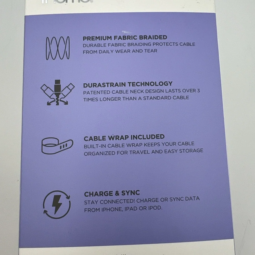 iHome 4ft. iPhone - iPad Fabric Braided Lightning‎ Cable - Purple - Durable